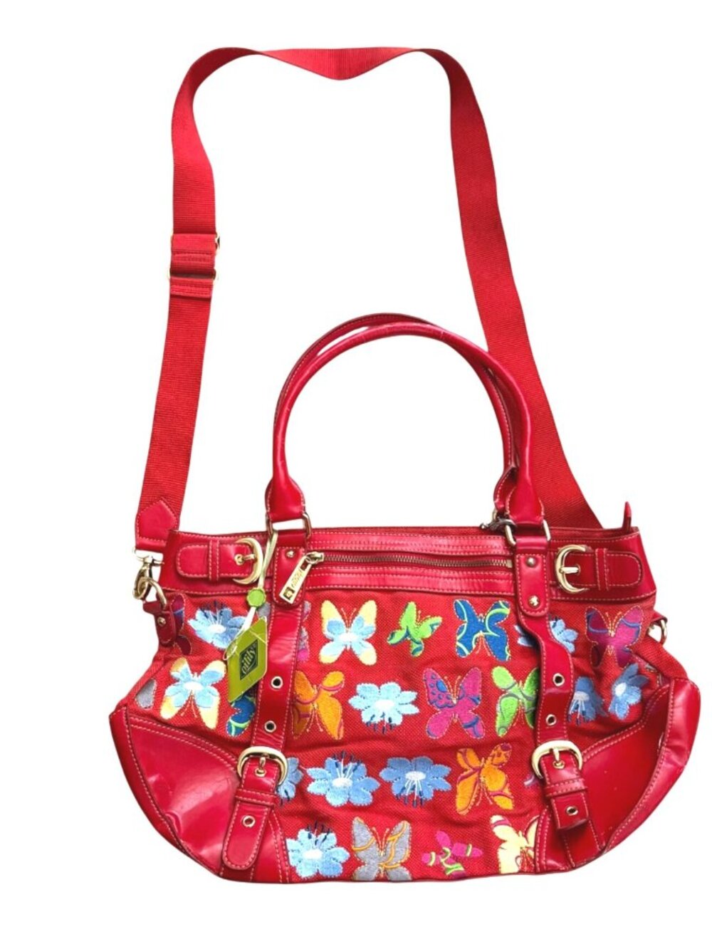 Oilily Women's Crossbody Bag Red Canvas Embroidered Butterflies Y2K Bohemian